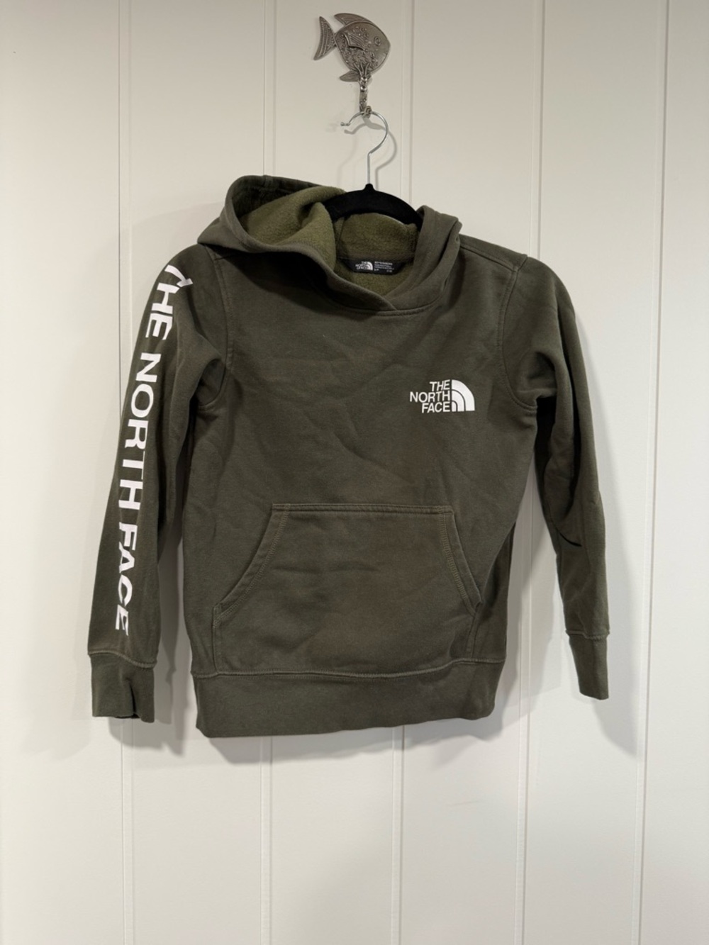 The North Face Kids Olive Green Pullover Hoodie with Sleeve Logo